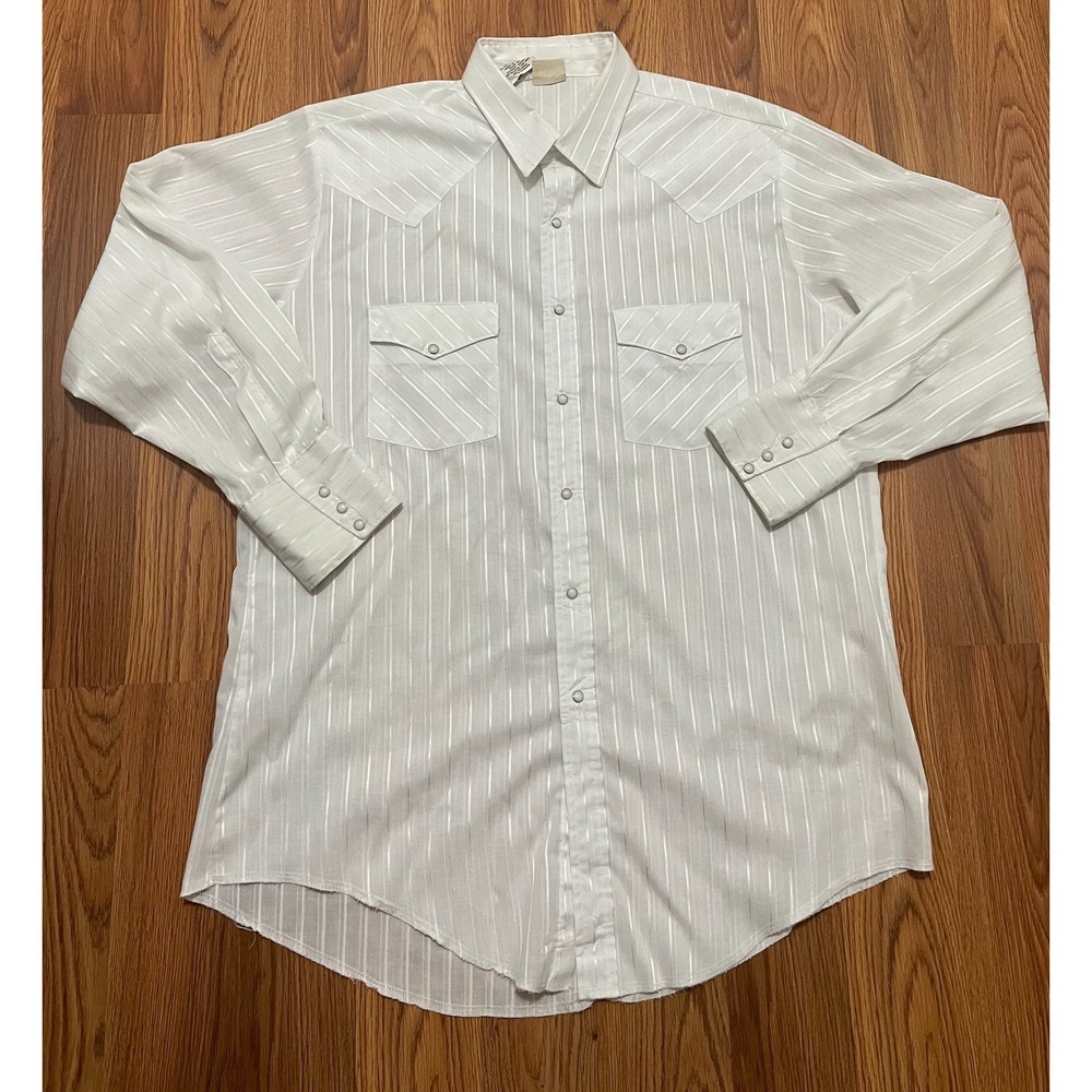 Western Frontier Shirt Mens Large Pearl Snap White Stripe Made in USA Western